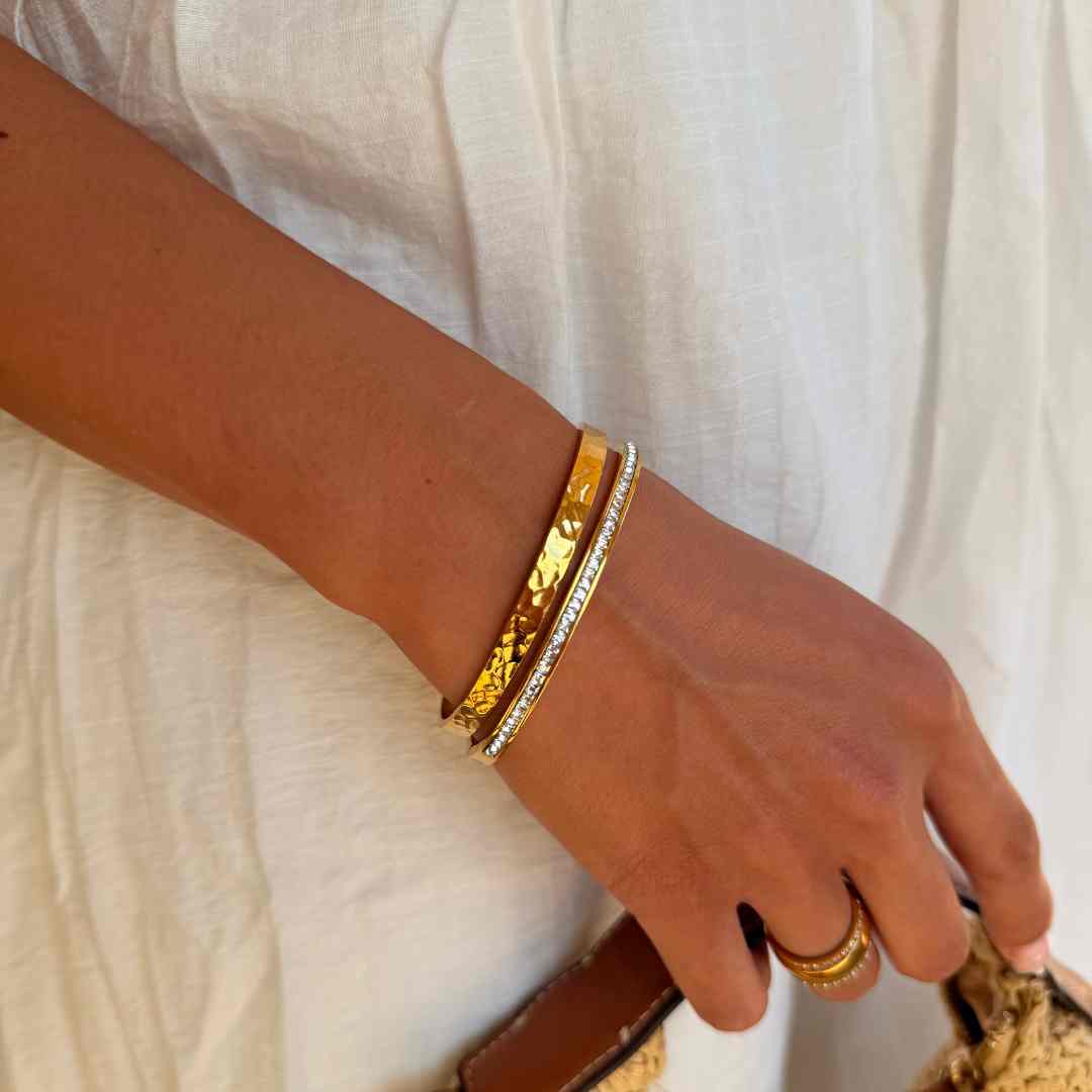 Hamret & Krystal Bangle Sæt 18K Guldbelagt