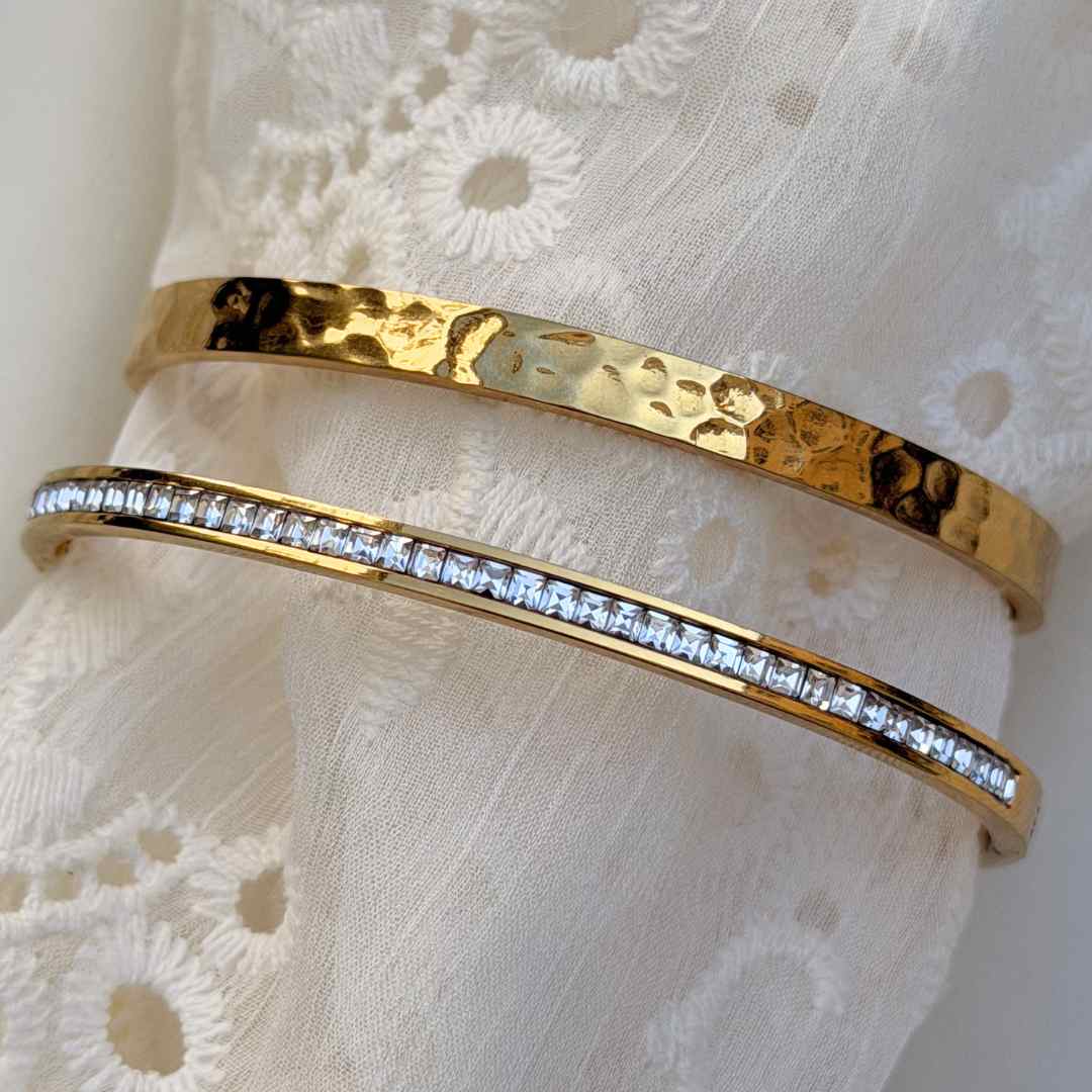 Hamret & Krystal Bangle Sæt 18K Guldbelagt