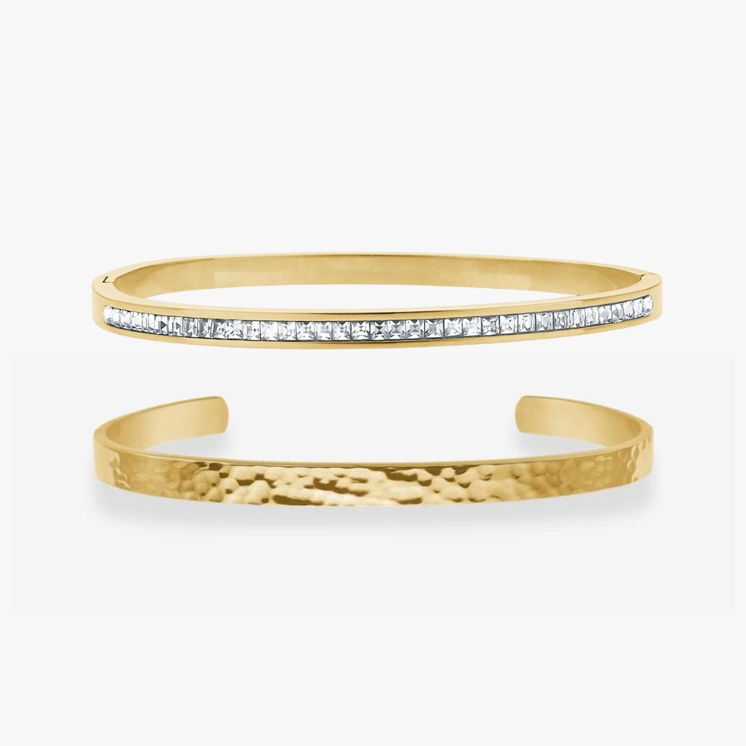 Hamret & Krystal Bangle Sæt 18K Guldbelagt