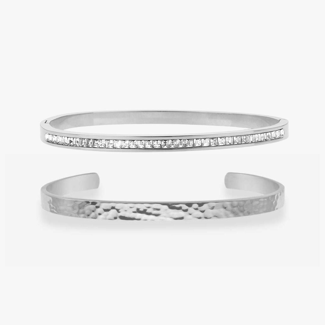 Hamret & Krystal Bangle Sæt Sølvfarvet